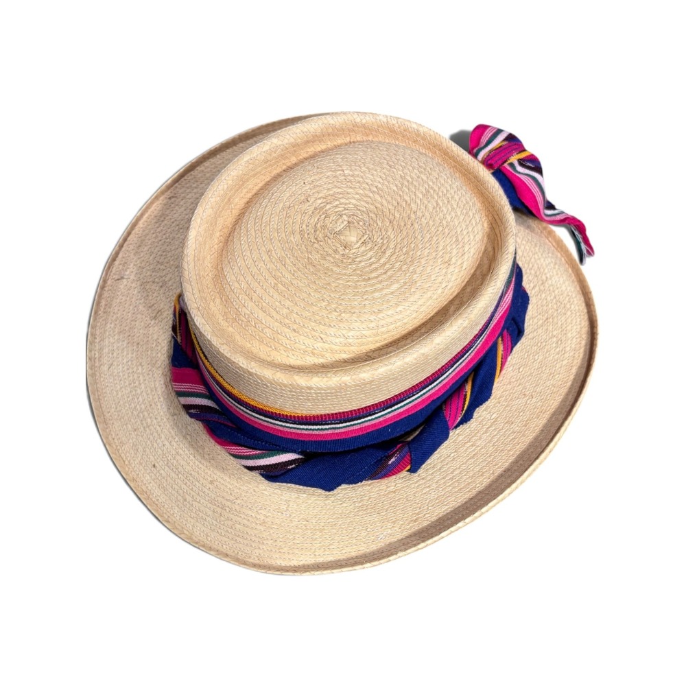 Vintage La Giralda Palm Straw Boater Hat Guatemala Maya Quiche Striped Band 56